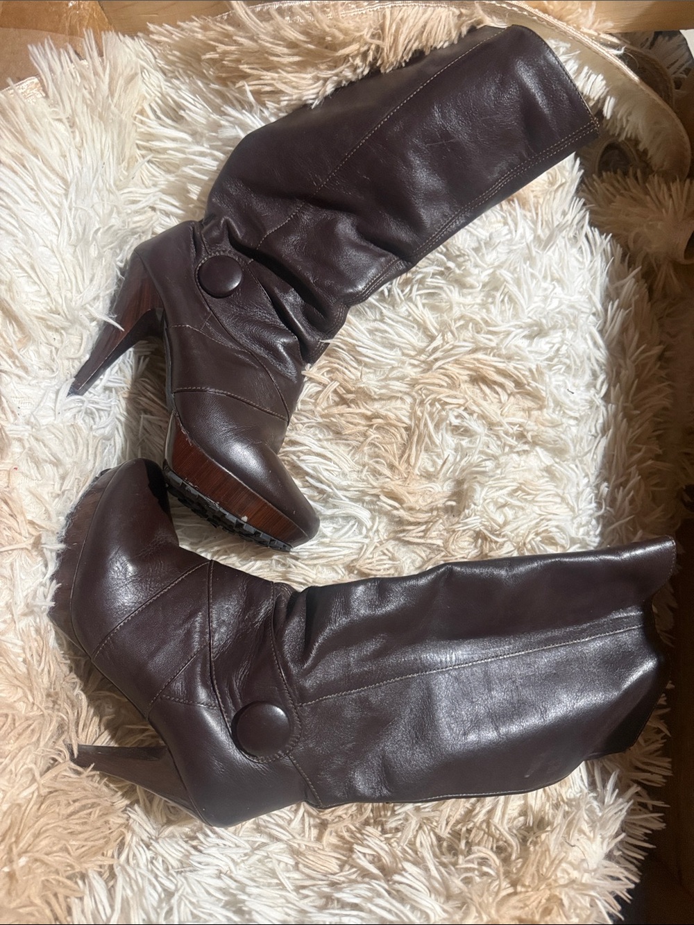 Women’s Dark Brown Leather Mid-Calf Heeled Boots with Button Detail